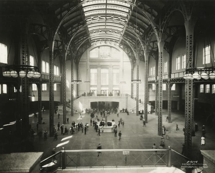 Architectural photo of the Union Station train concourse before it was demolished for air rights in the late 1960s.