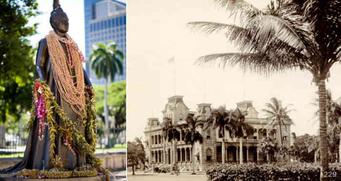 The statue of Queen Liliʻuokalani stands between 'Iolani Palace and the Hawaiʻi State Capitol.