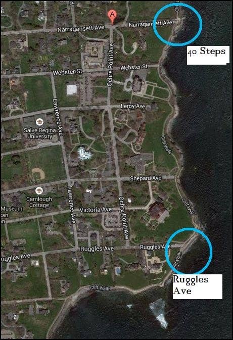 Right after the 40 steps, circled above, is some of the Cliff Walk's most beautiful scenery. Some of the dazzling, historic mansions rest here.