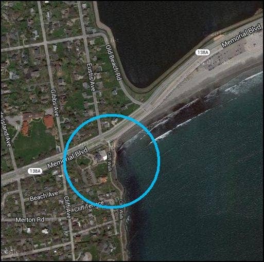The Cliff Walk officially starts along Memorial Blvd (Rt. 138 A). The alluring Chanler hotel will be to your right as you first enter the Cliff Walk.