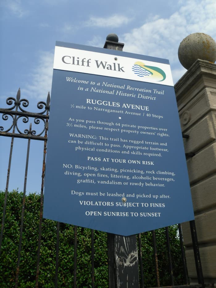 The entrance to the Cliff Walk is well marked at Ruggles Ave. You could also drive a couple streets south to the junction of Westmore and Marine Ave.