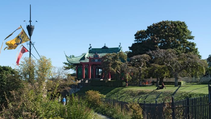 Soon after the Westmore and Marine Ave junction, you'll spot the Chinese Tea House. I've seen pictures where this lights up at night.