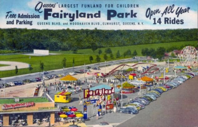 An advertisement for Fairyland just after it's move to Queens Blvd. Notice the woods behind the amusement park, soon to be replaced with apartment buildings. The baseball field is still there.