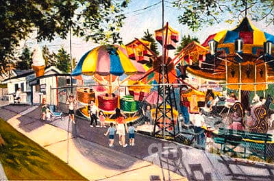 This painting by artist Madeline Lovallo titled "Crossbay Amusement Park" seems to be the only remaining image of Playland Center.