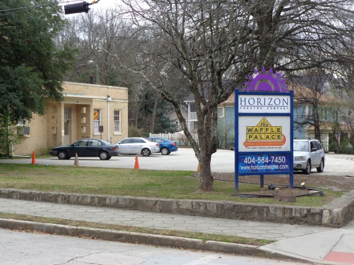 Horizon Theatre's main sign, on the corner of Austin Ave and Euclid. (View of sign here is from across Austin Ave; Euclid is out of frame to the right.) Photo by author.