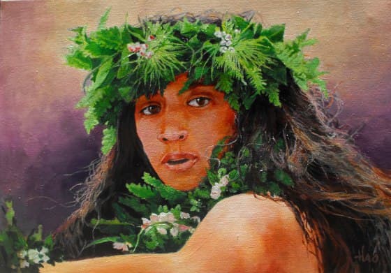 Laka, Goddess of Hula, Painting by Henry Ha'o. Laka was also known as the goddess of wild plants that grew in the forest.