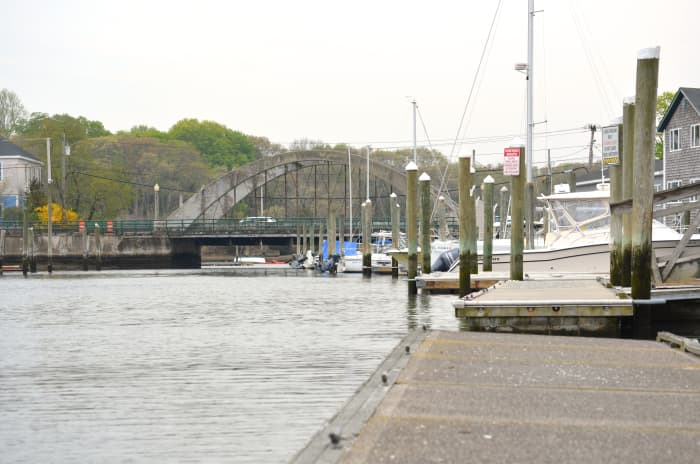 Wickford Harbor and the bridge leading into Wickford Village as seen from one of the harbor's docks.