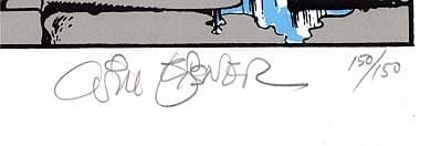 The bottom of this Will Eisner serigraph is signed by Eisner, and number 150 out of a run of 150. Often the number will be in the bottom left, the title in the middle, and the signature on the bottom right below the print.
