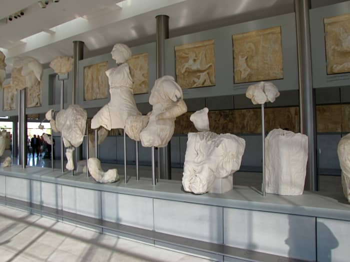 Foreground - Pediment Sculptures. Above and behind - Metopes. Below and behind - The Frieze Blocks. All laid out exactly as they appeared on the Parthenon