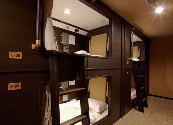 At Well Cabin Nakasu, single "cabins" (capsules) are a little more spacious and luxurious than those in Tokyo and Osaka.