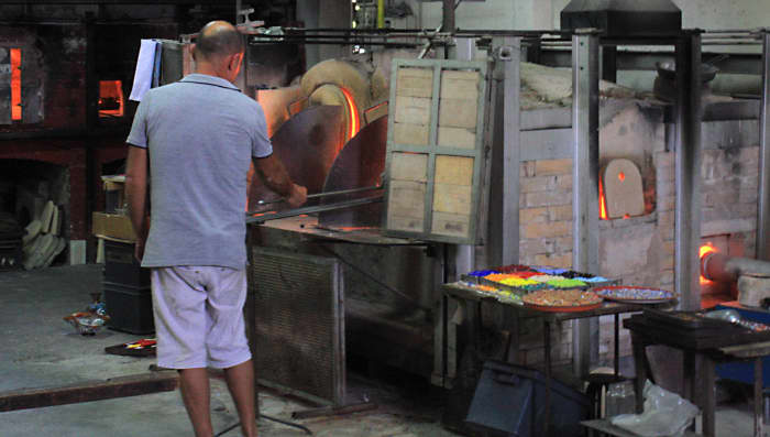 Another glass factory - another furnace. Note the tray of pigments which give Murano glass its distinctive and sometimes extravagant colours