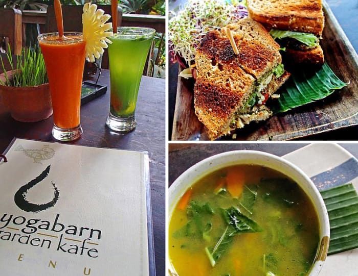 Clock-wise from top left: Fresh carrot, cucumber and celery juices, tempeh pesto sandwich, quinoa veggie soup at Yoga Barn Garden Kafe.