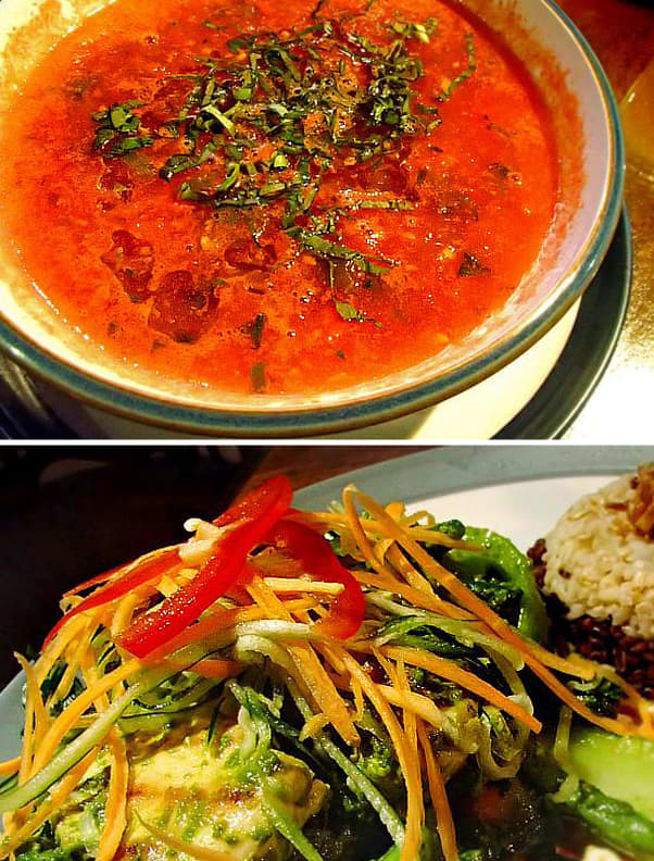 Top: Balinese Tomato Soup at Sari Organik. Bottom: Sautéed veggies with ayam (chicken)and coconut rice.