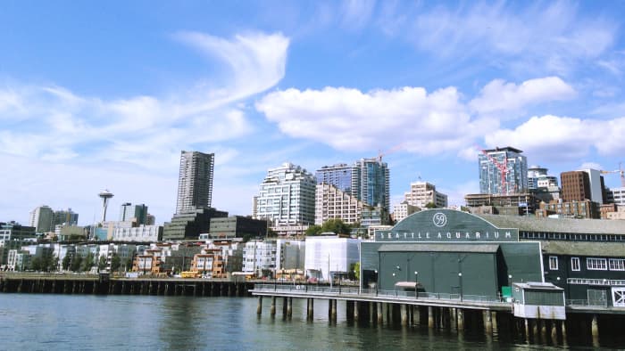 The city of Seattle and the Seattle Aquarium from the vantage point of our harbor cruise.