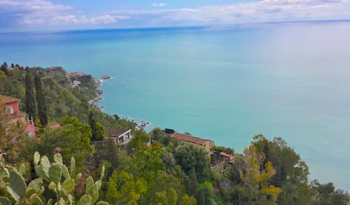 Dazzling Mediterranean coastline views, with pebble sand beaches a short gondola ride down the hillside