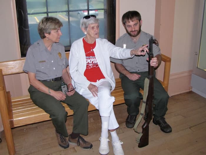 The NPS Rangers are always excited to talk with a former worker of the armory. Museum curator Joanne Gangi-Wellman and Robert Holmes with Mary Alice Butler (Lynch).