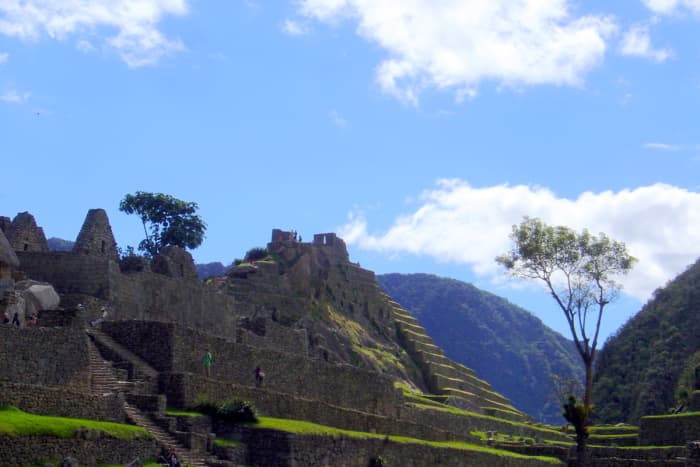 Terraced ruins being explored by a few tourists, with trees framing the brilliant sky.