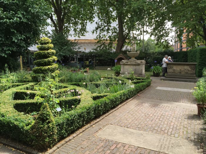 Part of the Garden Museum showing the recreation of a 17th century knot garden and some of the tombs.