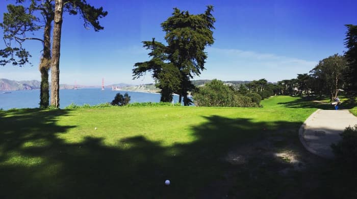 Picturesque view of the Golden Gate Bridge from 17th tee box at Lincoln Park G.C.