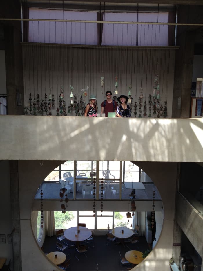 View of inside of main entrance building. Center or core is open which helps with the natural heating and cooling of the building