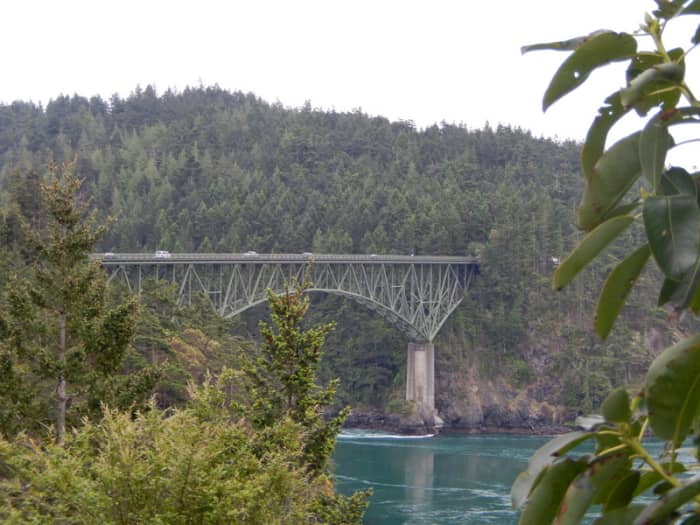 A view from the south end of of Deception Pass Bridge on Hwy. 20 over the narrow strait between Fidalgo Island and Whidbey Island.