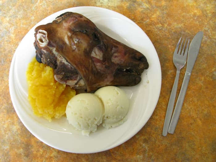 Traditional Icelandic cuisine at its best—a delicious piece of svið (essentially, a burned and boiled sheep's head). A unique and unusual experience.