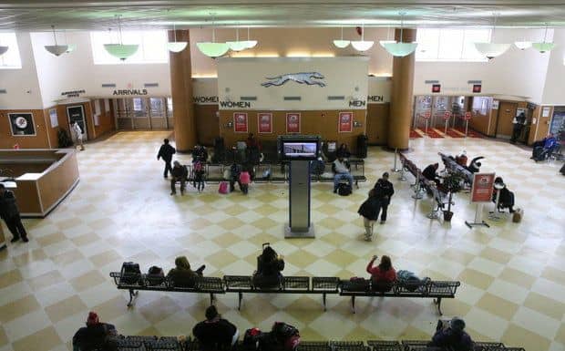 Layovers on a cross-country Greyhound bus trip are a great time to grab something to eat or catch a few winks!
