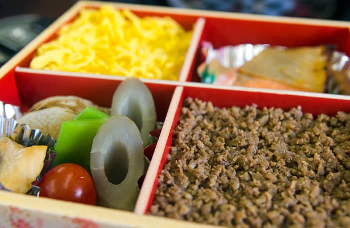 An exotic, lovely Ekiben bento meal sold at Nagano train station. Such meal boxes are perfect for any solo trip to Japan.