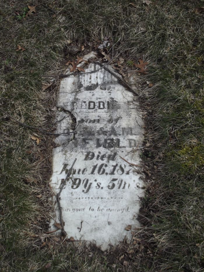 A very old oblong tombstone flat on the ground that is cracked in multiple places. The text is very faded and there is a barely visible carving of a willow tree on top. The grass has grown over the sides. Evergreen Cemetery, Muskegon, MI.