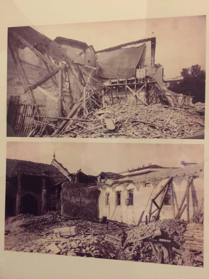 Last Supper (top covered with tarp) and Crucifixion (bottom) following bombing during WWII