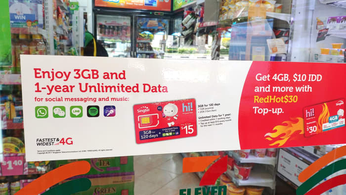 Promotion for pre-paid SIM cards in Singapore. These cards are great for tourists visiting on a budget.