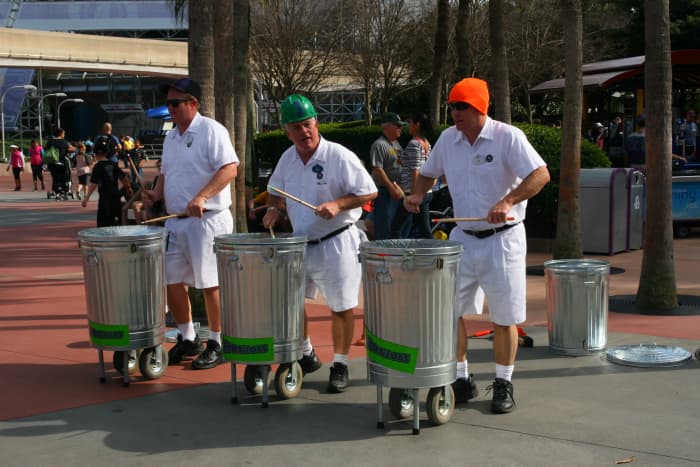 Usually stationed near Spaceship Earth, the Jammitors pretend to be maintenance workers. When one starts drumming, the rest join in for a fun show.