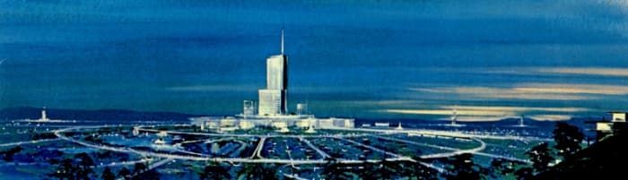 This is concept art of EPCOT's original city plan by Herb Ryman. Notice how the hub layout is similar to that of the modern day theme park.