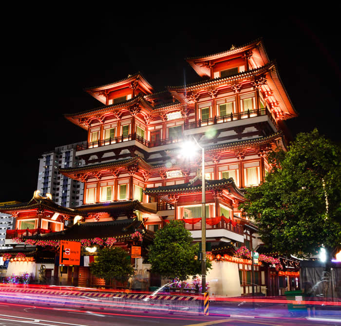 The Buddha Tooth Relic Temple and Museum is the most iconic Singapore Chinatown temple. Terrifically atmospheric when illuminated at night too.