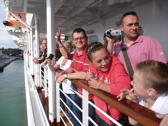 After Lifeboat Drill all passengers are invited for drinks on the Promenade Deck to watch the Sailaway.