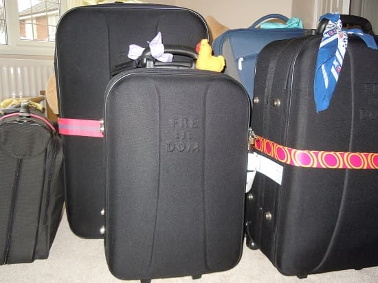 The 5 large cases we took on board P&O's Arcadia in 2013. Notice the coloured straps and ribbons we added to help us identify them.