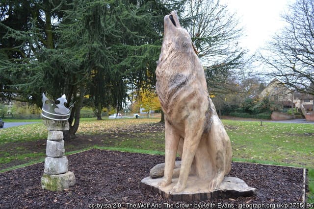 The Wolf and the Crown Statue in Bury St Edmunds. The crown sitting on top of the stones represents the severed head of King Edmund