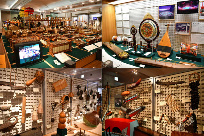 Clockwise from top left: Ethnic musical instruments from Indonesia, Japan, Latin America, and Oceania.