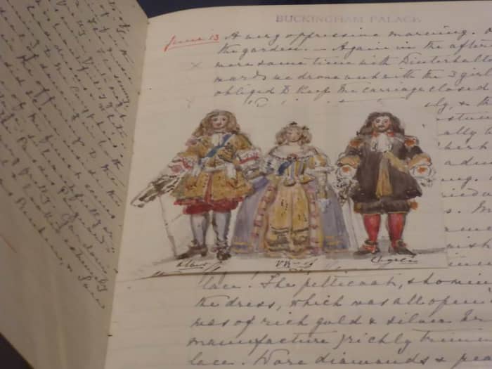 Queen Victoria, Prince Albert and Prince Charles Leiningen drawn by Victoria in her journal. The costumes were worn to the Stuart Ball of 1851. Image by Frances Spiegel 2019. All rights reserved.