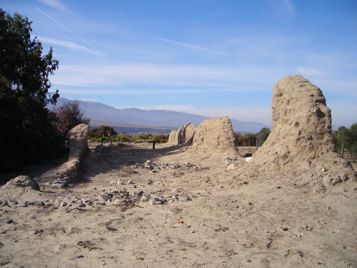 Remains of adobe walls at Mission Santa Inés. Several of the missions are active archeological sites, helping scholars and historians to learn more about the mission system.