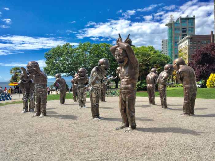 Part of the sculpture in Morton Park with English Bay in the background