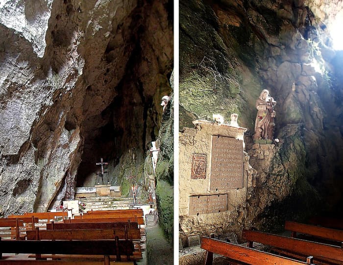 Left: The cave chapel still holds services on Easter and Christmas holidays. Right: Sunlight streams through an opening on the cave's wall.