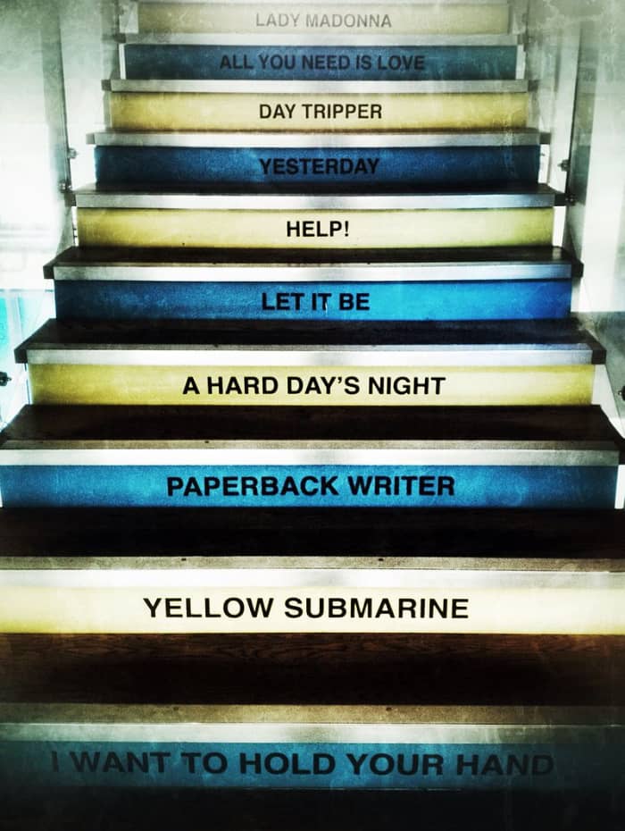 This staircase leads to the FAB4 Cafe and Merch store in the Pier Head's Mersey Ferries Terminal.