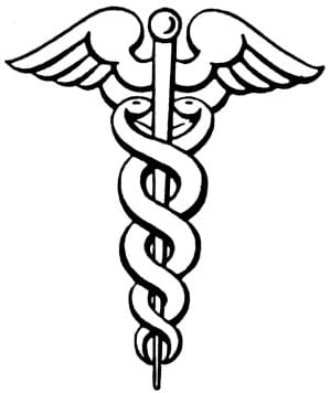 The Caduceus (Greek: kerukeion, meaning "herald's staff"). This was the staff carried by Hermes/Mercury, as well as other heralds. Different from the rod of Asclepius, a symbol of medicine which has only one snake and no wings.
