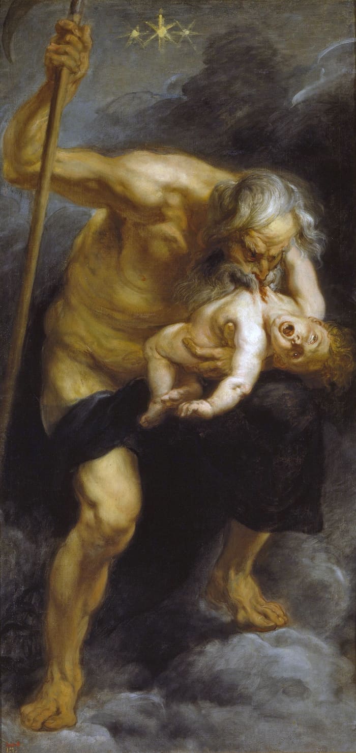 Kronos (Roman name: Saturn), eating one of his children. Ironically, although Kronos castrated his father for doing weird things to his kids (stuffing them back in their mother), Kronos wasn't an ideal father himself.