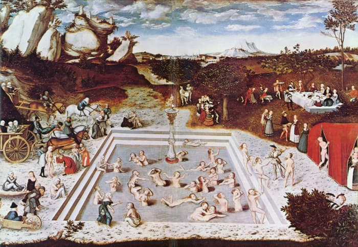 The Fountain of Youth was painted by Lucas Cranach the Elder in 1546 and depicts the legendary and miraculous fountain.