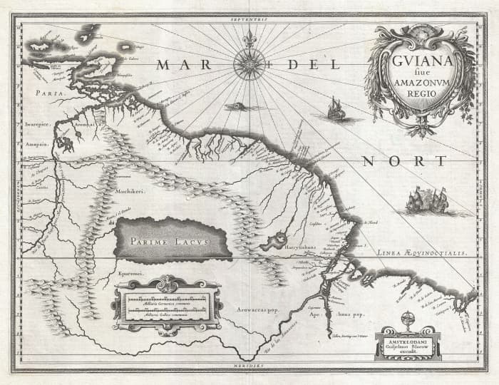 This 1636 map shows the location of Lake Parime, the mythical lake referenced in the legend of El Dorado.