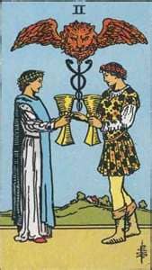 The two of cups shows a happy union, but beware! That sphinx is guarding something... it could be good... it could be bad... only the tarot reader can truly uncover the riddle...