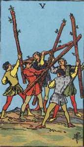 The Five of Wands shows a competition is involved, a set of challenges. The only way to over come these non-lethal blows, is to keep a level head and remain balanced.