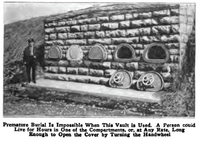 Photo of a vault meant to protect people from accidentally being buried alive, built c. 1890.